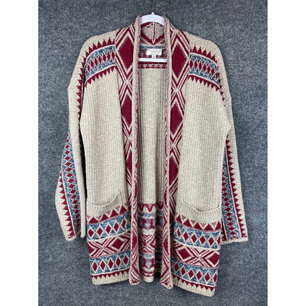 Lucky Brand Cardigan Women Medium Beige Red Excellent Southwestern Open Front